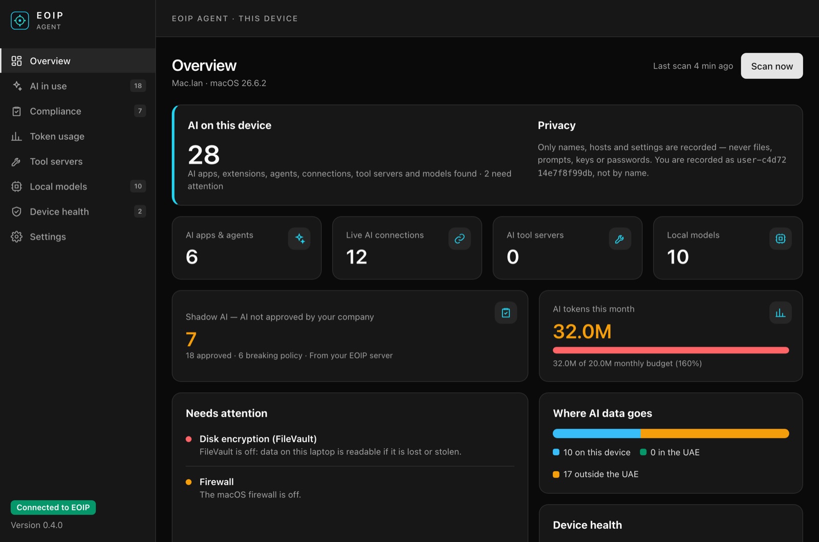 EOIP Agent 0.4 dashboard on a laptop, dark theme