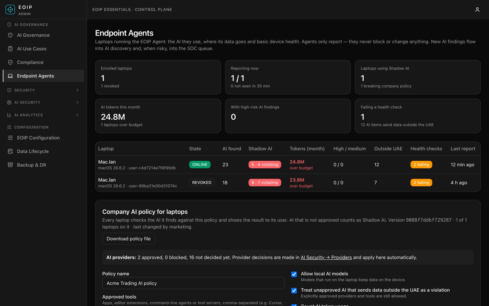 EOIP fleet view of endpoint agents